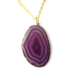 Agate Stone Slice Pendant Necklace Purple Clear Unique BOHO Jewelry Whimsi